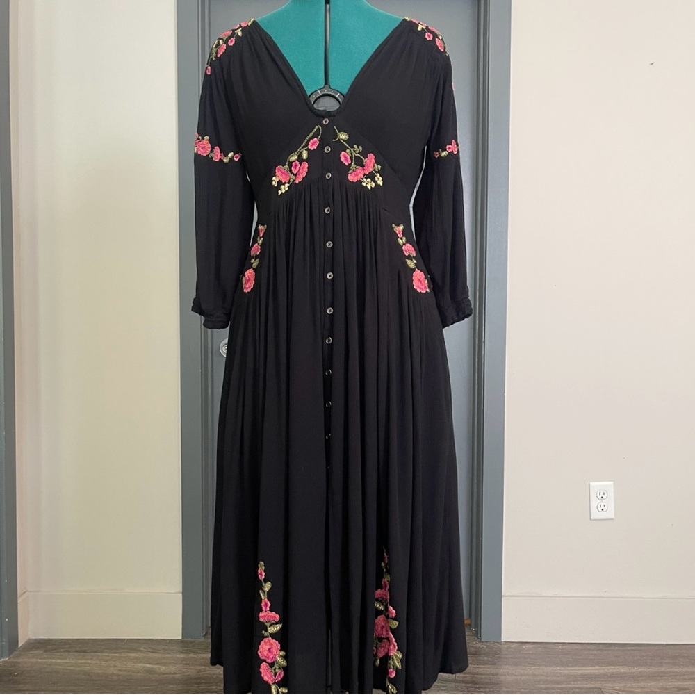 Free People Black Bohemian Dress with Pink Floral Embroidery Size S